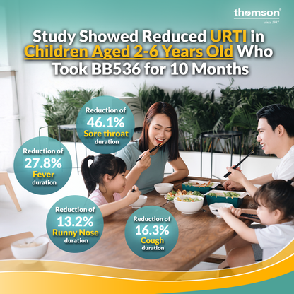 Family eating together at a table with health benefits text overlay