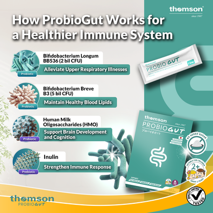 Thomson Probiogut product packaging with probiotic benefits explained on a green and white background